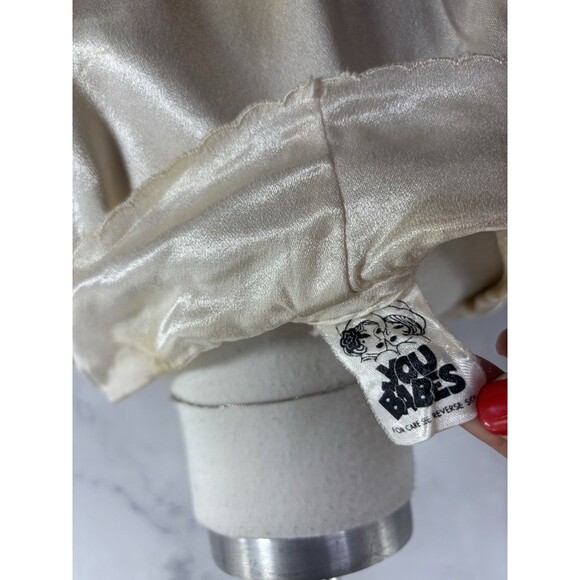 Vtg 70s You Babes Satin Button up Blouse S Cream Embroidery Collar Top Coquette - Picture 2 of 16